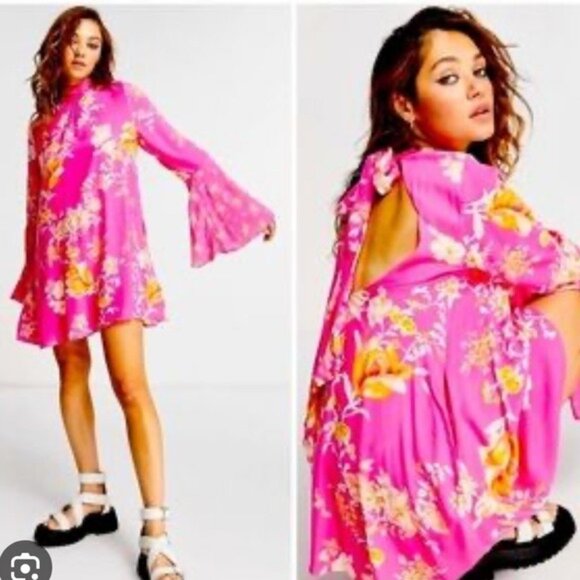 Free People NWT Tate Tunic Dress Lollipop Combo Pink Size S Bell Sleeve Boho - Picture 1 of 9